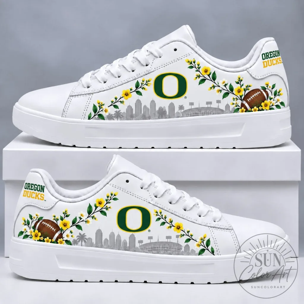 Oregon Ducks NCAA Premium Floral White Sneakers Oregon Ducks NCAA Premium Floral White Sneakers