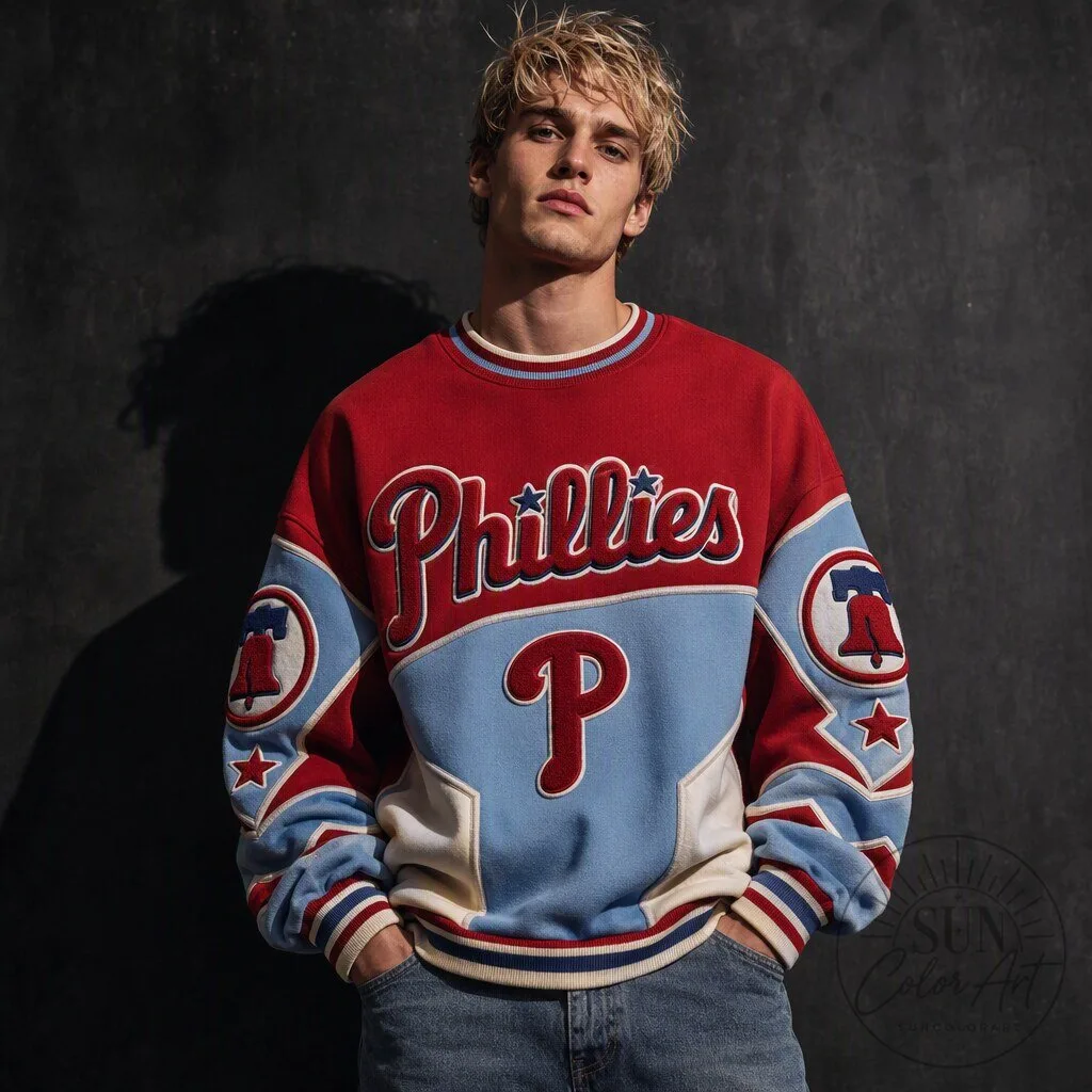 Philadelphia Phillies Baseball Team Red and Blue Colorblock Sweatshirt