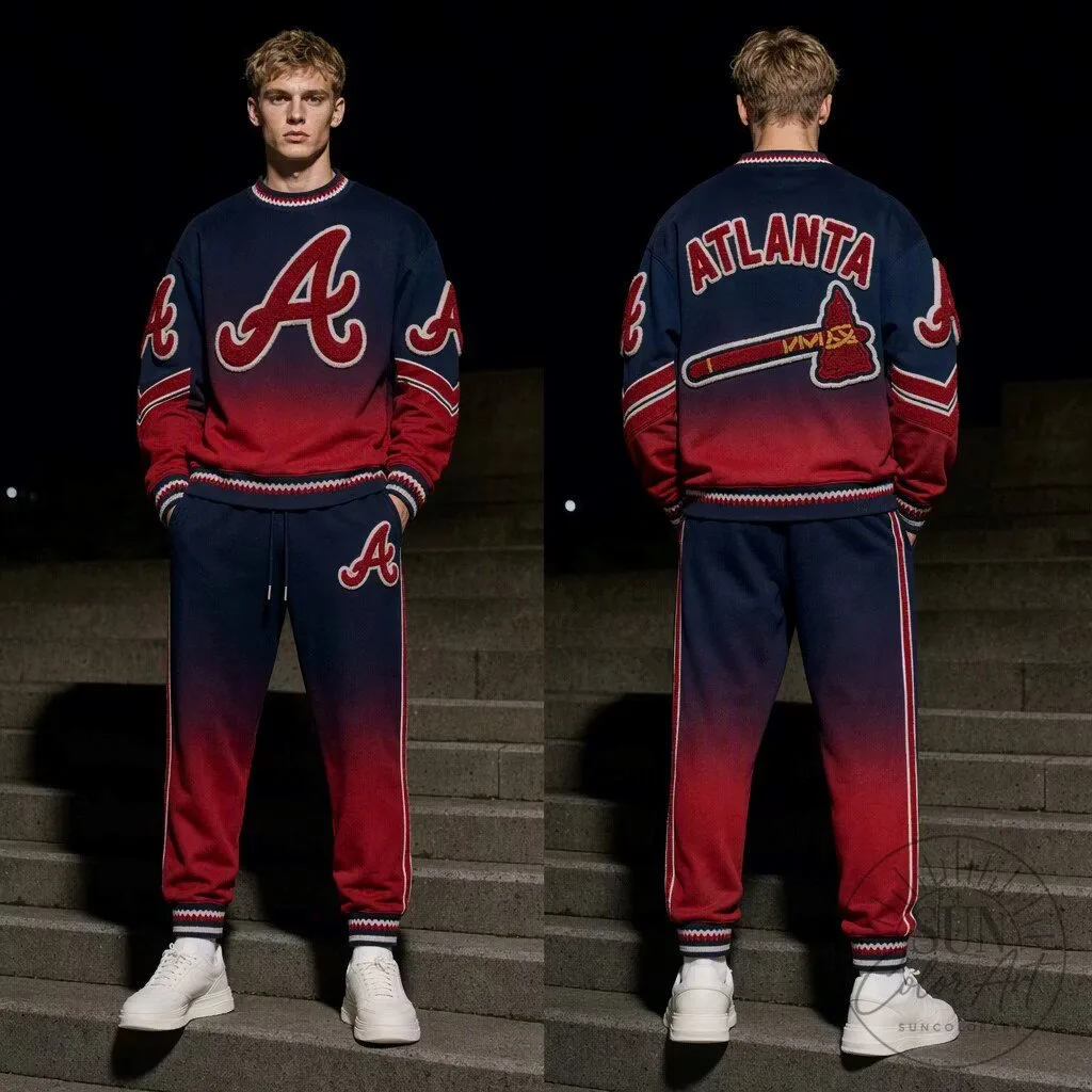 Atlanta Braves Navy Red Gradient Crewneck Sweatshirt and Sweatpants Set