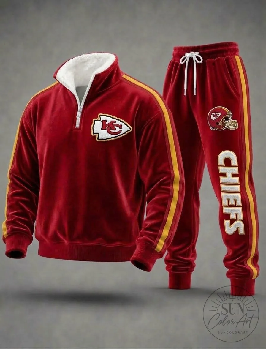 Kansas City Chiefs Football Team Red Half-Zip Pullover Sweatshirt and Jogger Pants Set