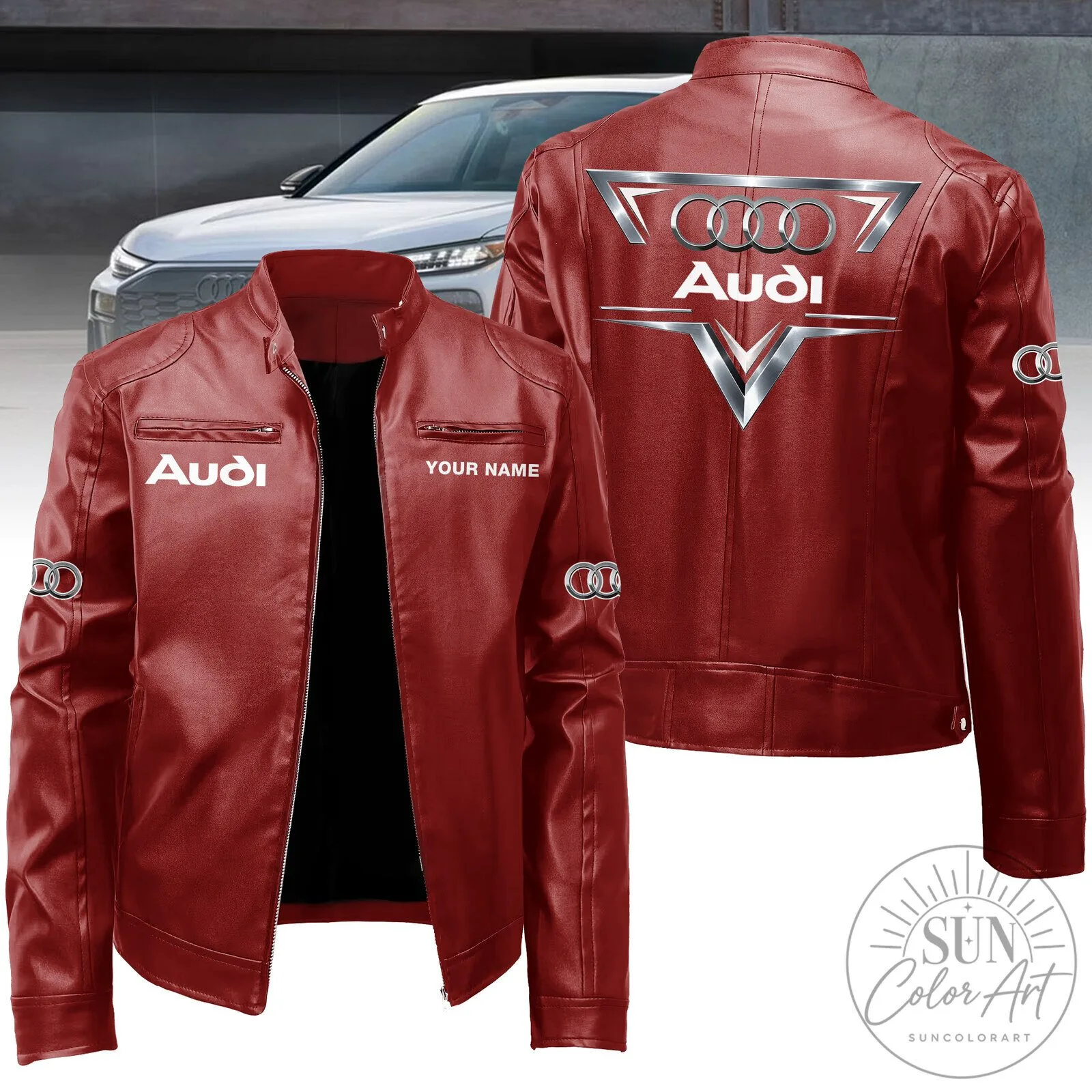 Audi Red Leather Jacket with Custom Name Option