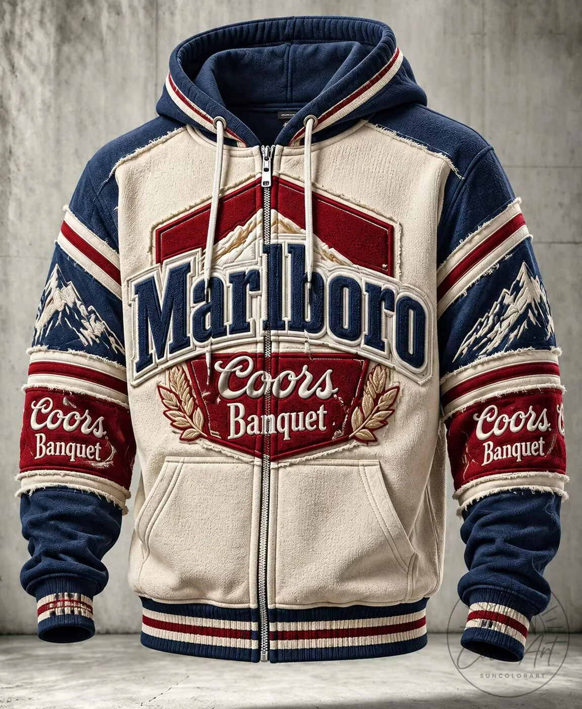Marlboro and Coors Banquet Beer Vintage Style Full-Zip Hoodie