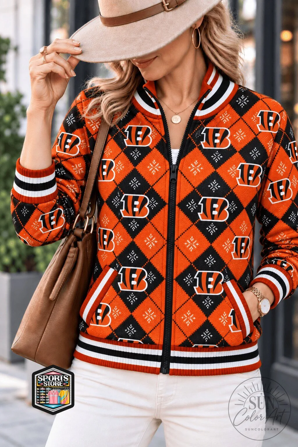 Cincinnati Bengals Argyle Pattern Full-Zip Bomber Jacket