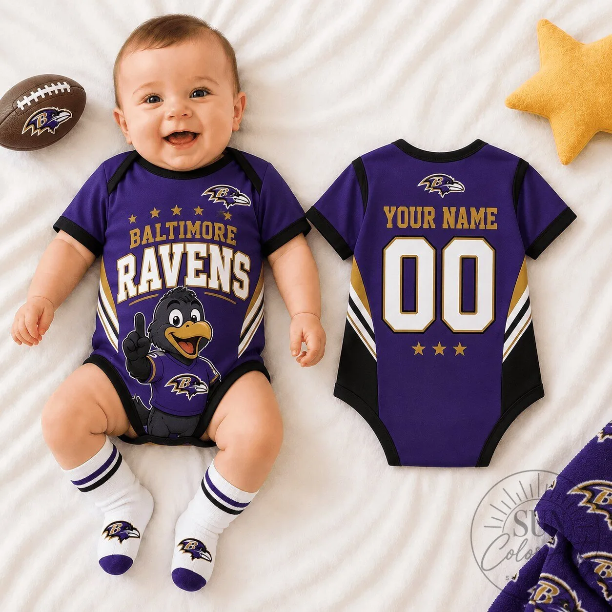Baltimore Ravens NFL Football Team Baby Romper Custom Name and Number