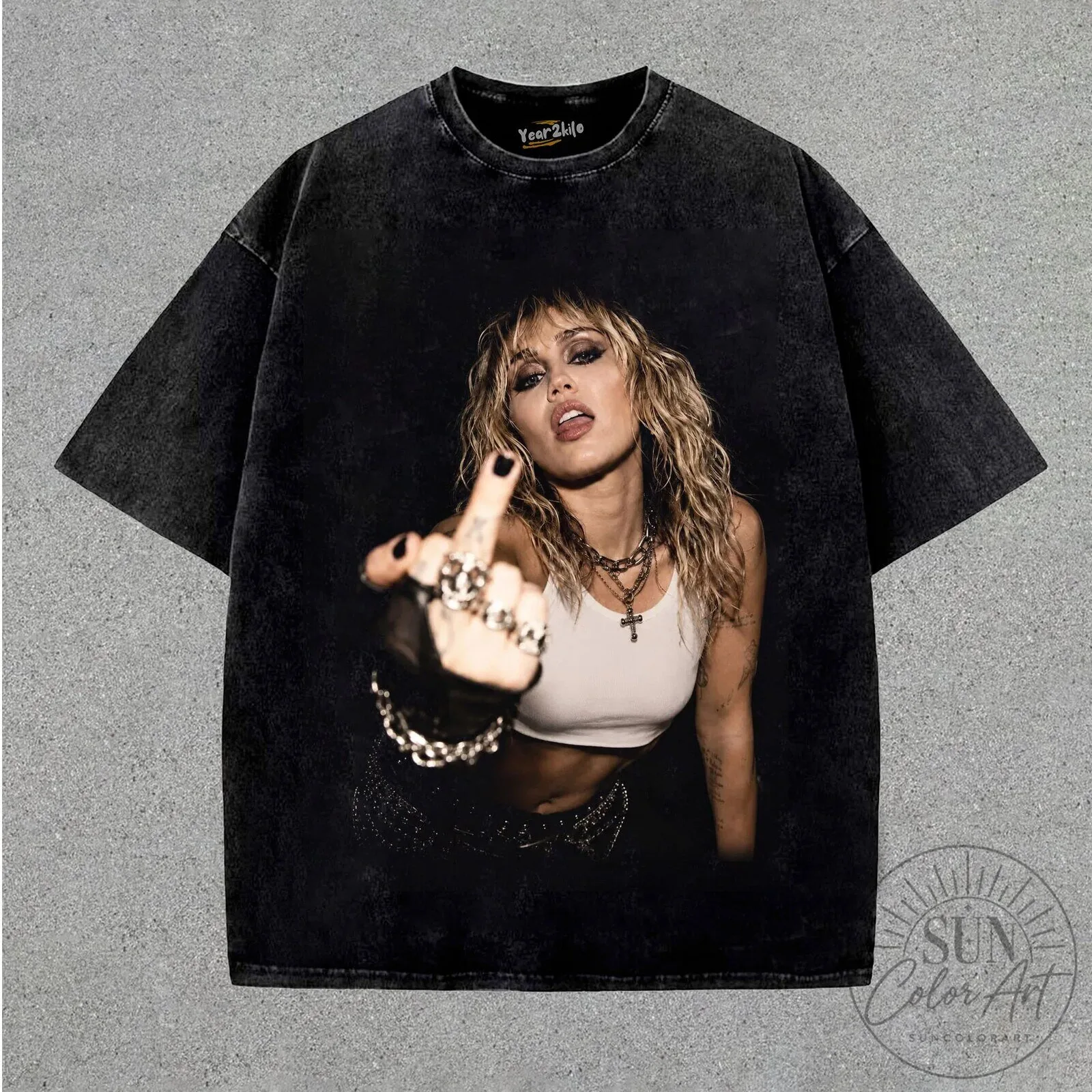Miley Cyrus Middle Finger Vintage Washed Black T-Shirt