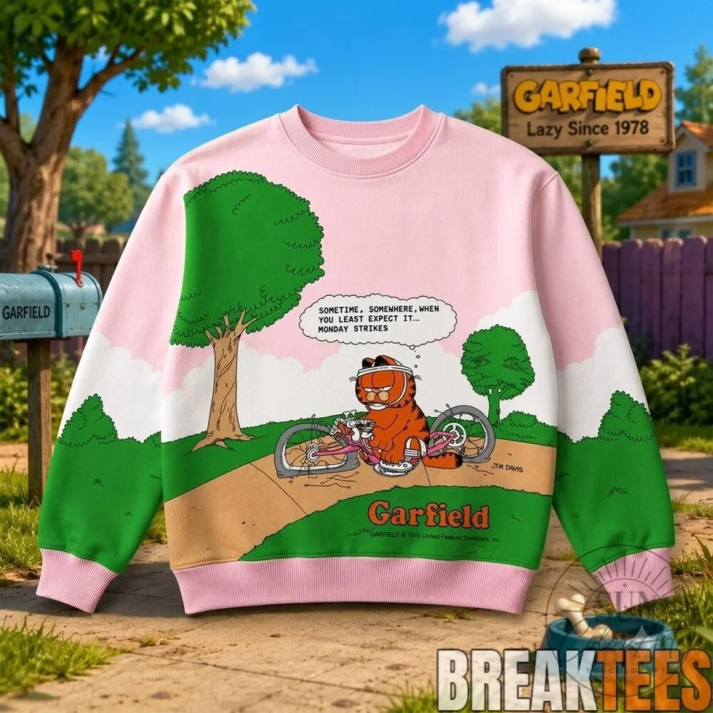 Garfield Monday Strikes Pink And Green Cartoon Sweatshirt
