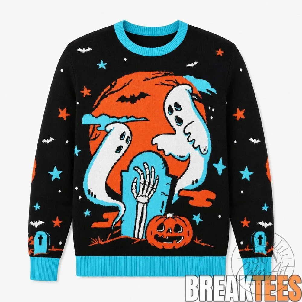 Spooky Ghost Graveyard Halloween Moon and Stars Graphic Knit Sweater