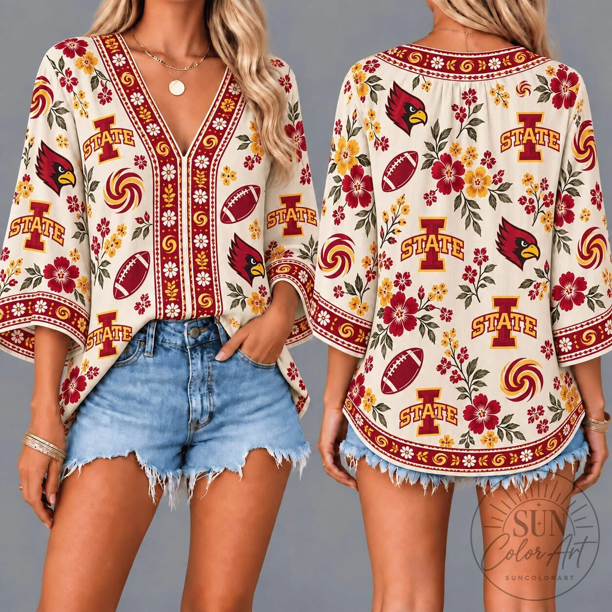 Iowa State Cyclones Football Floral Pattern V-Neck Women's Blouse