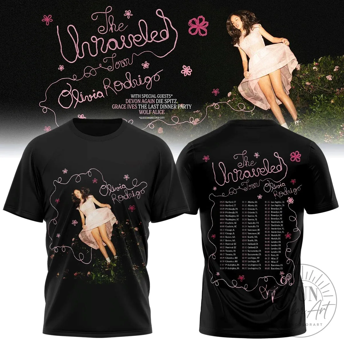 Olivia Rodrigo The Unraveled Tour Concert Dates Black T-Shirt 2 Olivia Rodrigo The Unraveled Tour Concert Dates Black T-Shirt