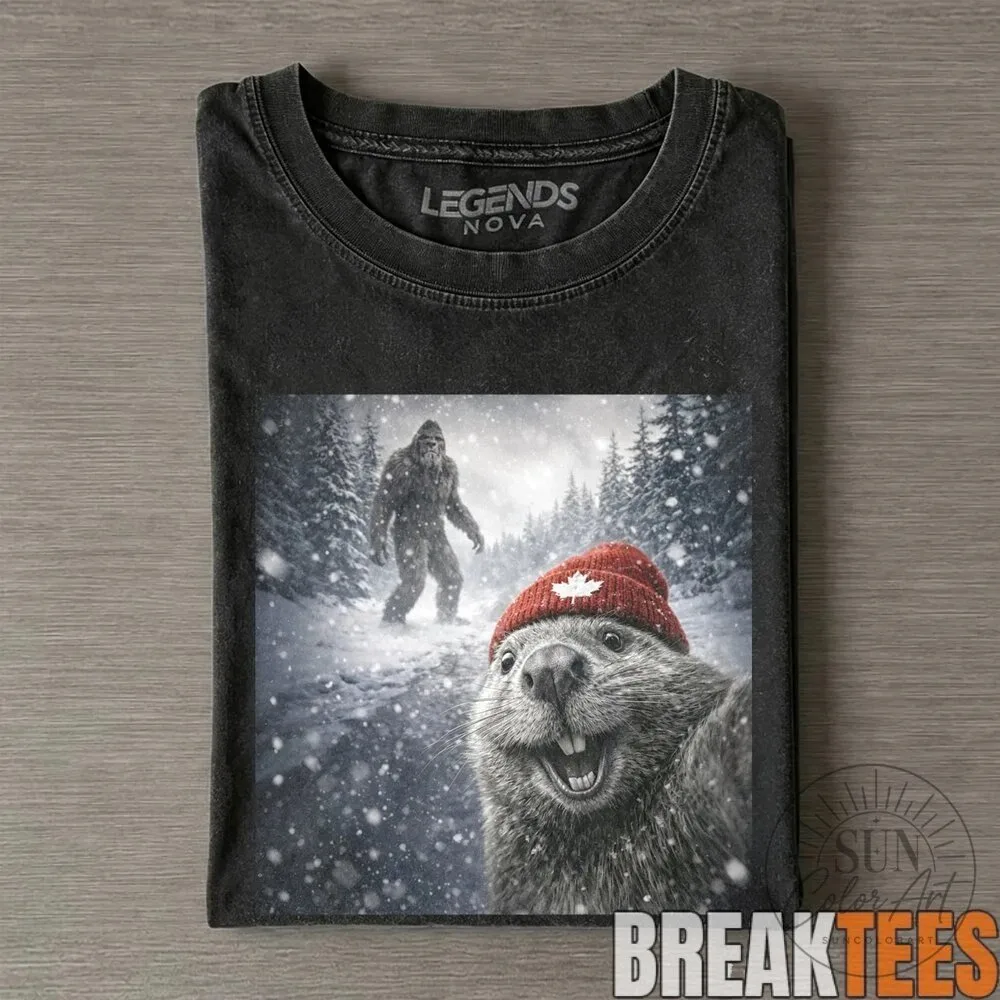 Funny Beaver Selfie with Sasquatch in Snowy Forest T-Shirt 3 Funny Beaver Selfie with Sasquatch in Snowy Forest T-Shirt