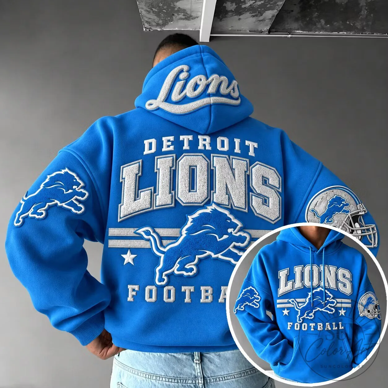 Detroit Lions Football Team Blue Embroidered Hoodie for Men and Women