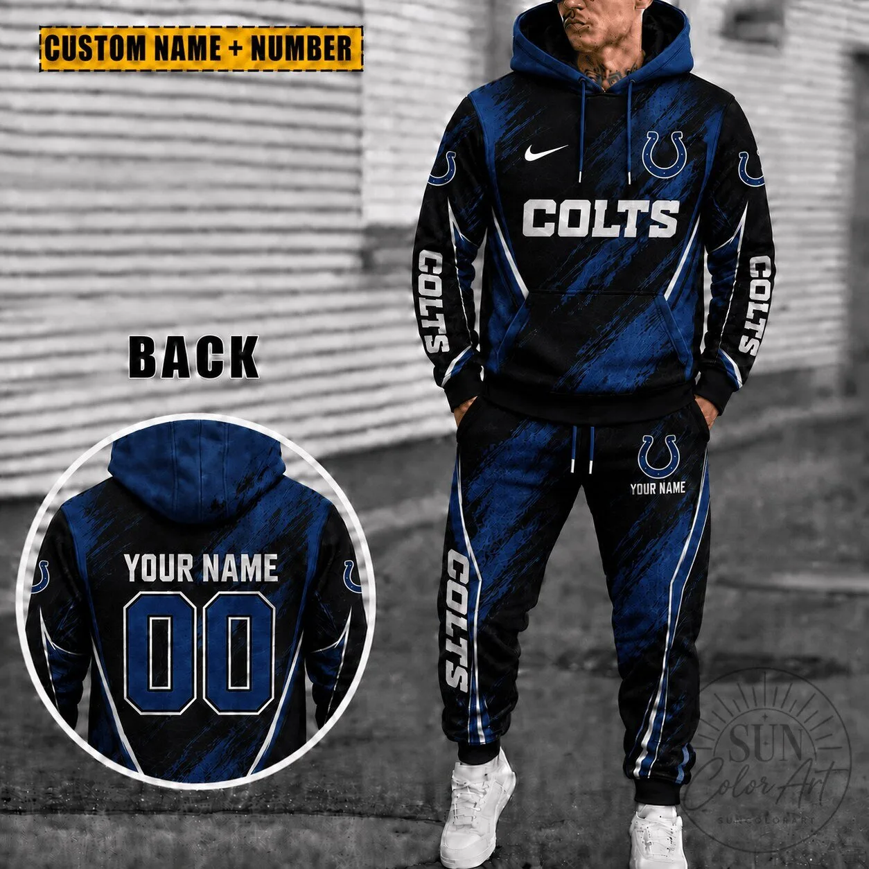 Custom Name and Number Hoodie with Sweatpants Set for Indianapolis Colts Fans