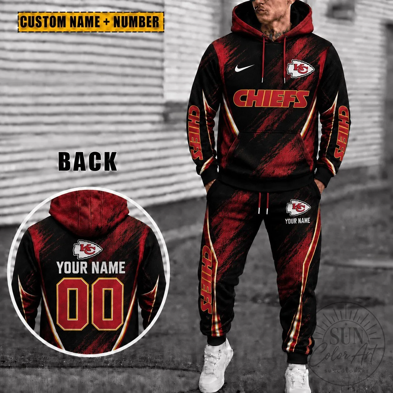 Men's Personalized Hoodie and Sweatpants Set featuring Kansas City Chiefs Design