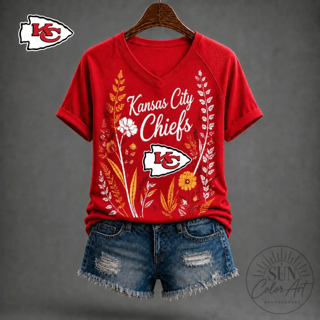 Kansas City Chiefs Floral Garden V-Neck Short Sleeve T-Shirt Kansas City Chiefs Floral Garden V-Neck Short Sleeve T-Shirt