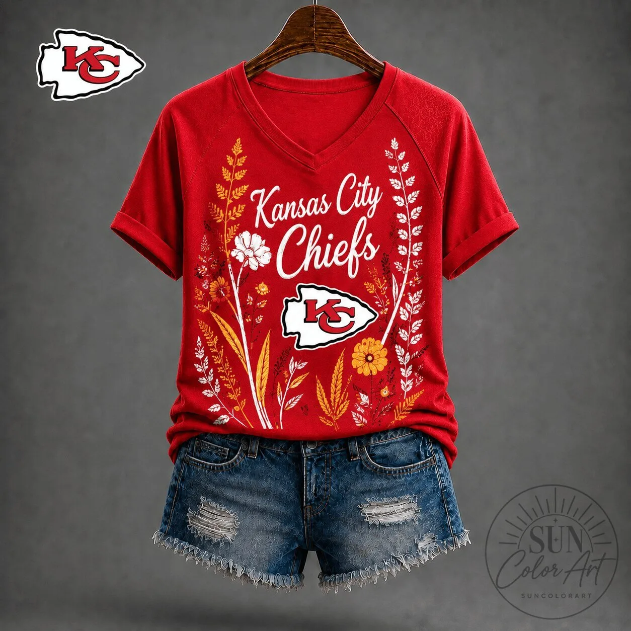 Kansas City Chiefs Floral Garden V-Neck Short Sleeve T-Shirt