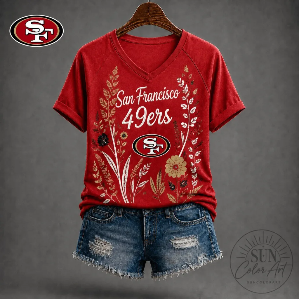 San Francisco 49ers Floral Garden V-Neck Short Sleeve T-Shirt San Francisco 49ers Floral Garden V-Neck Short Sleeve T-Shirt