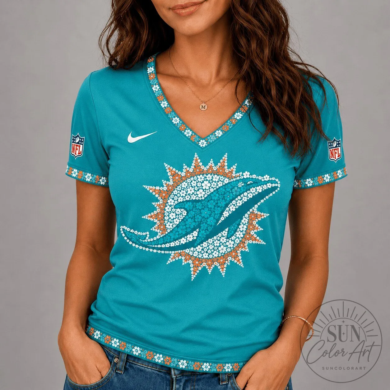 Miami Dolphins Floral Logo V-Neck National Football League Women's T-Shirt