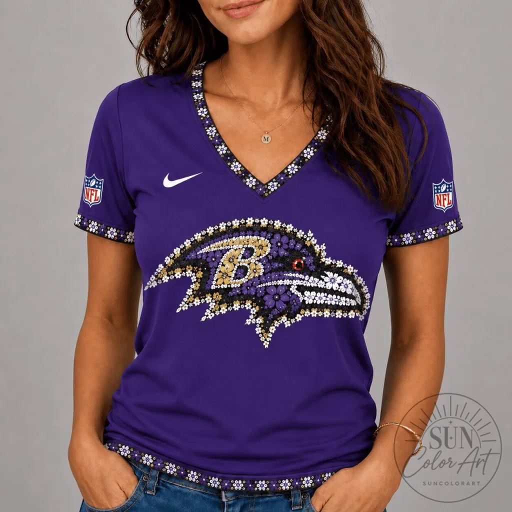 Baltimore Ravens NFL Flower Logo V-Neck Short Sleeve T-Shirt for Women Baltimore Ravens NFL Flower Logo V-Neck Short Sleeve T-Shirt for Women