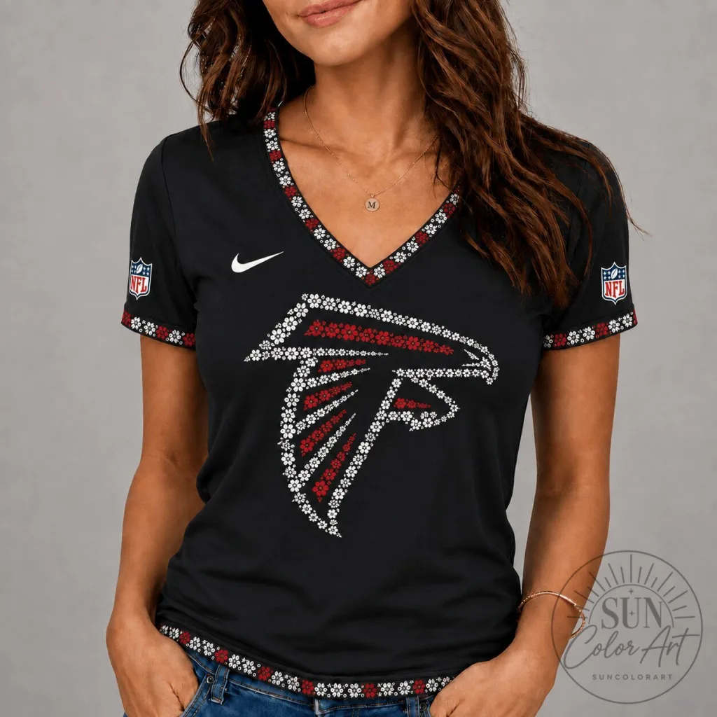 Atlanta Falcons NFL Flower Logo V-Neck Short Sleeve T-Shirt Atlanta Falcons NFL Flower Logo V-Neck Short Sleeve T-Shirt