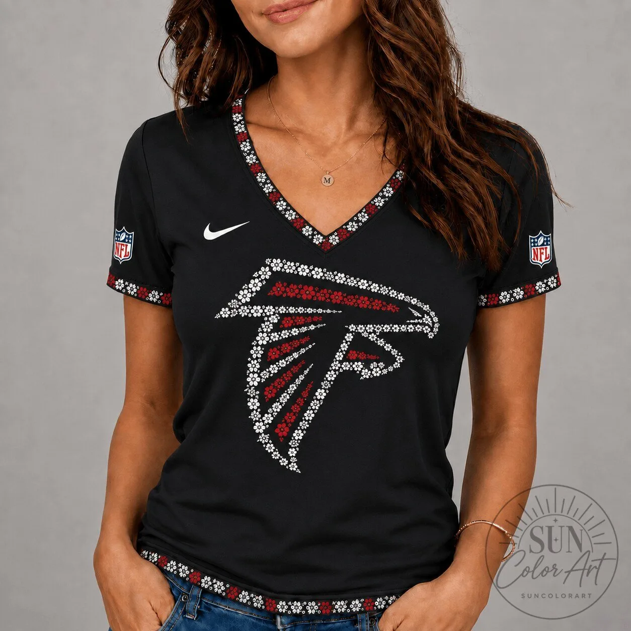 Atlanta Falcons NFL Flower Logo V-Neck Short Sleeve T-Shirt 2 Atlanta Falcons NFL Flower Logo V-Neck Short Sleeve T-Shirt
