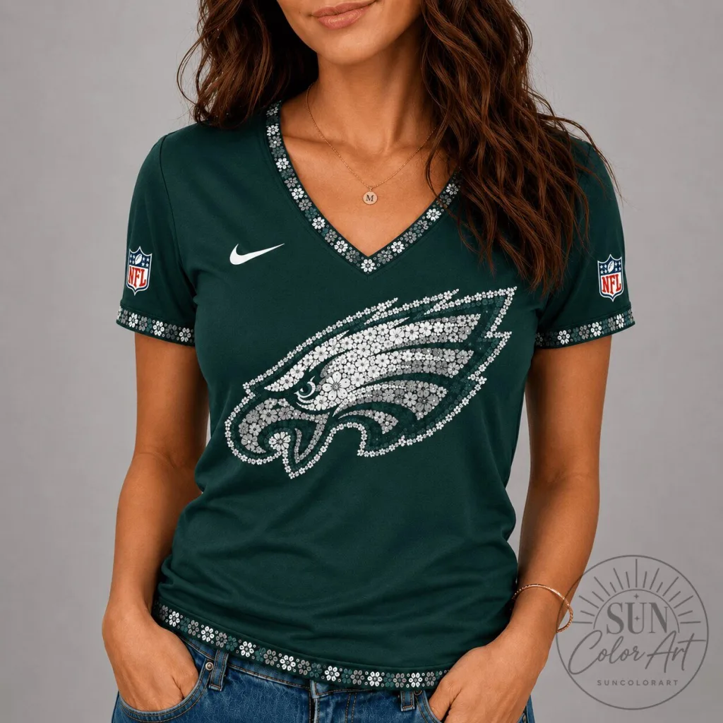 Philadelphia Eagles Floral Logo Women's V-Neck Short Sleeve T-Shirt Philadelphia Eagles Floral Logo Women's V-Neck Short Sleeve T-Shirt