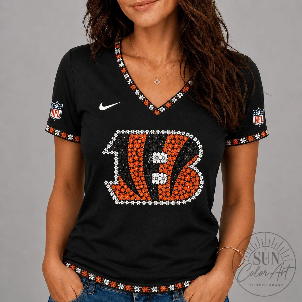Cincinnati Bengals Flower Logo V-Neck National Football League Women's T-Shirt