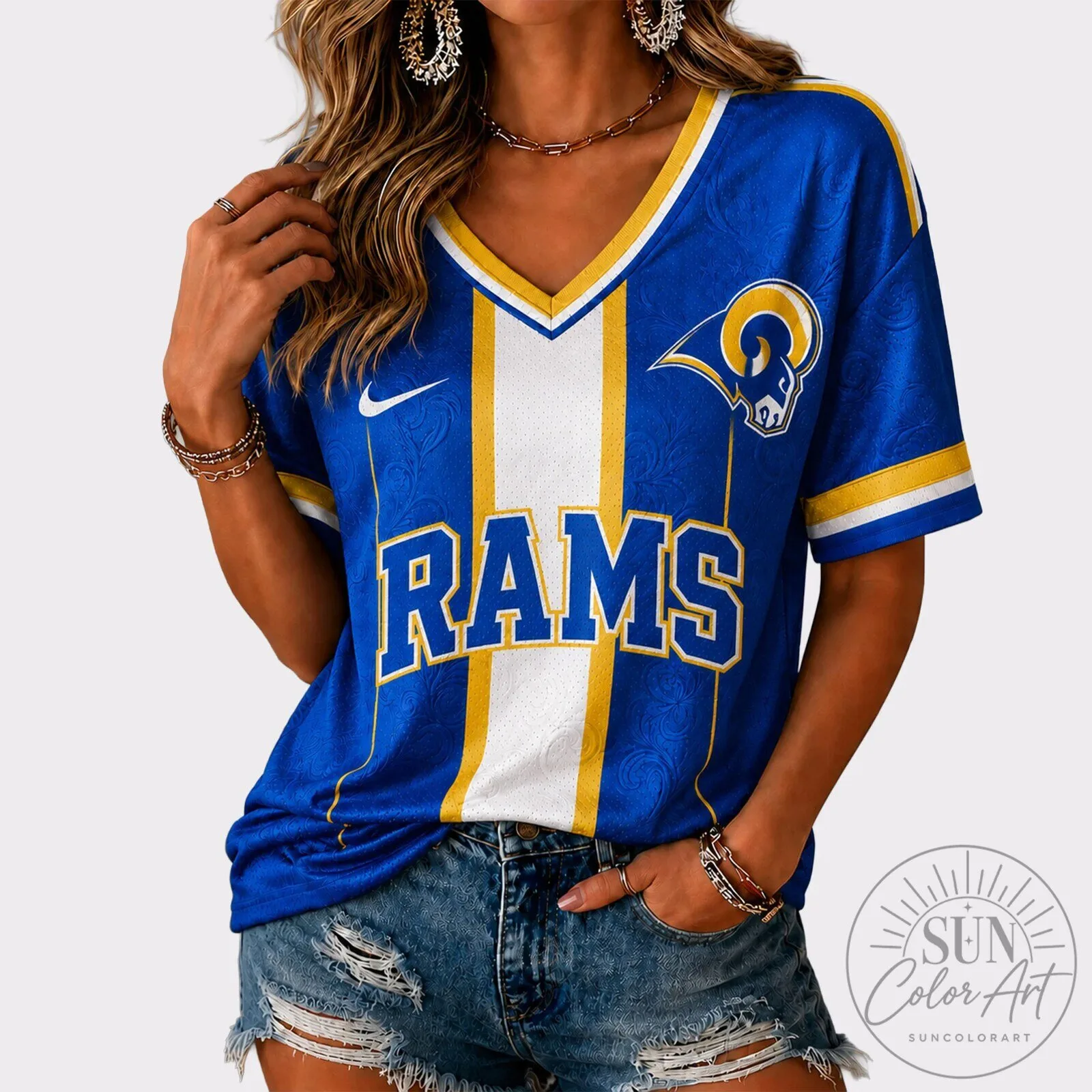 Los Angeles Rams Football Team Royal Blue and Yellow V-Neck Game Day Jersey