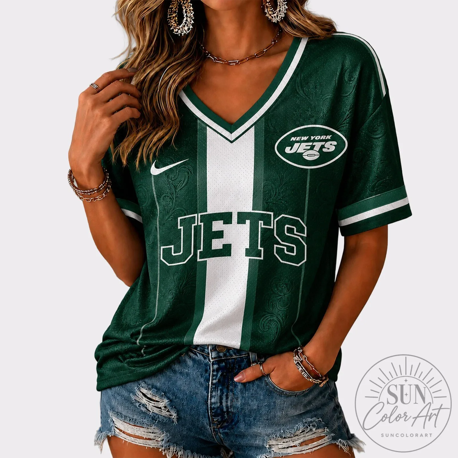 New York Jets National Football League Green and White Striped V-Neck Football Jersey