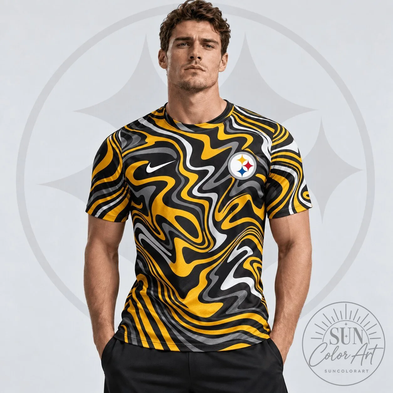 Pittsburgh Steelers National Football League Team Crest Abstract Wave Pattern T-Shirt
