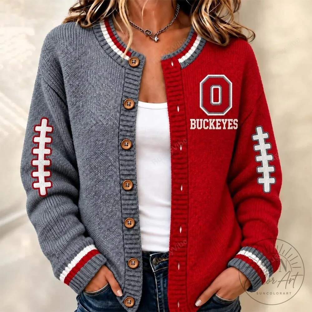 Ohio State Buckeyes Football Team Red Gray Split Cardigan Sweater