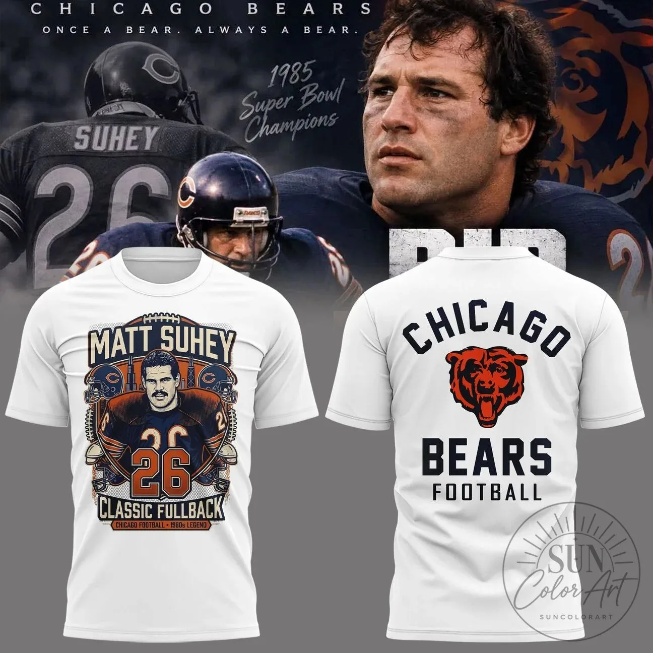 Chicago Bears Matt Suhey Football T-Shirt - Classic Fullback Number 26 Fan Apparel