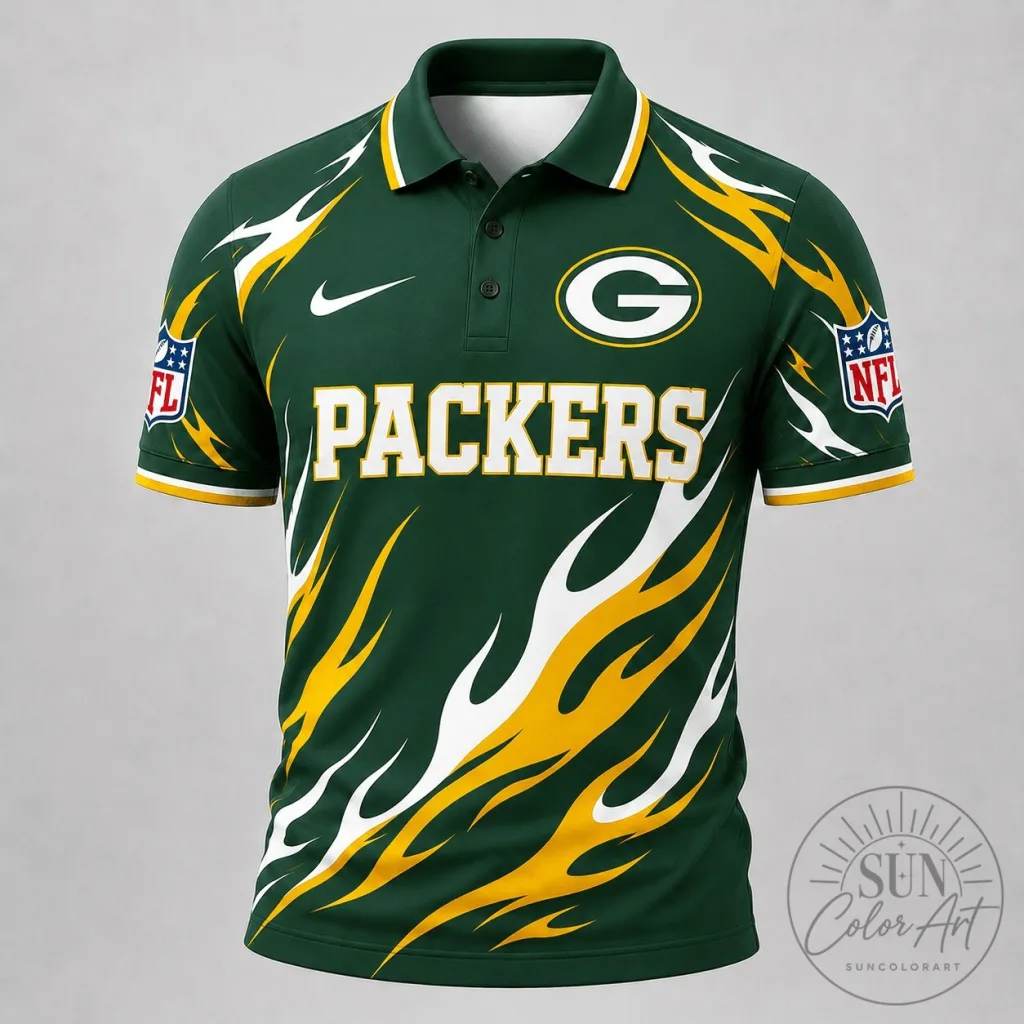 Green Bay Packers National Football League Flame Pattern Performance Polo Shirt Green Bay Packers National Football League Flame Pattern Performance Polo Shirt