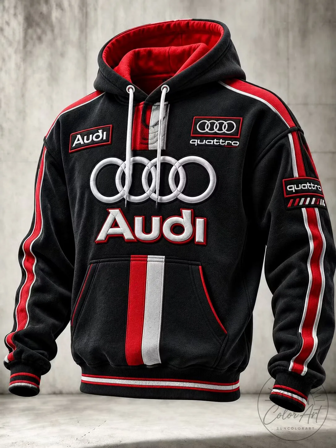Audi Quattro Retro Racing Style Black and Red Hoodie for Men
