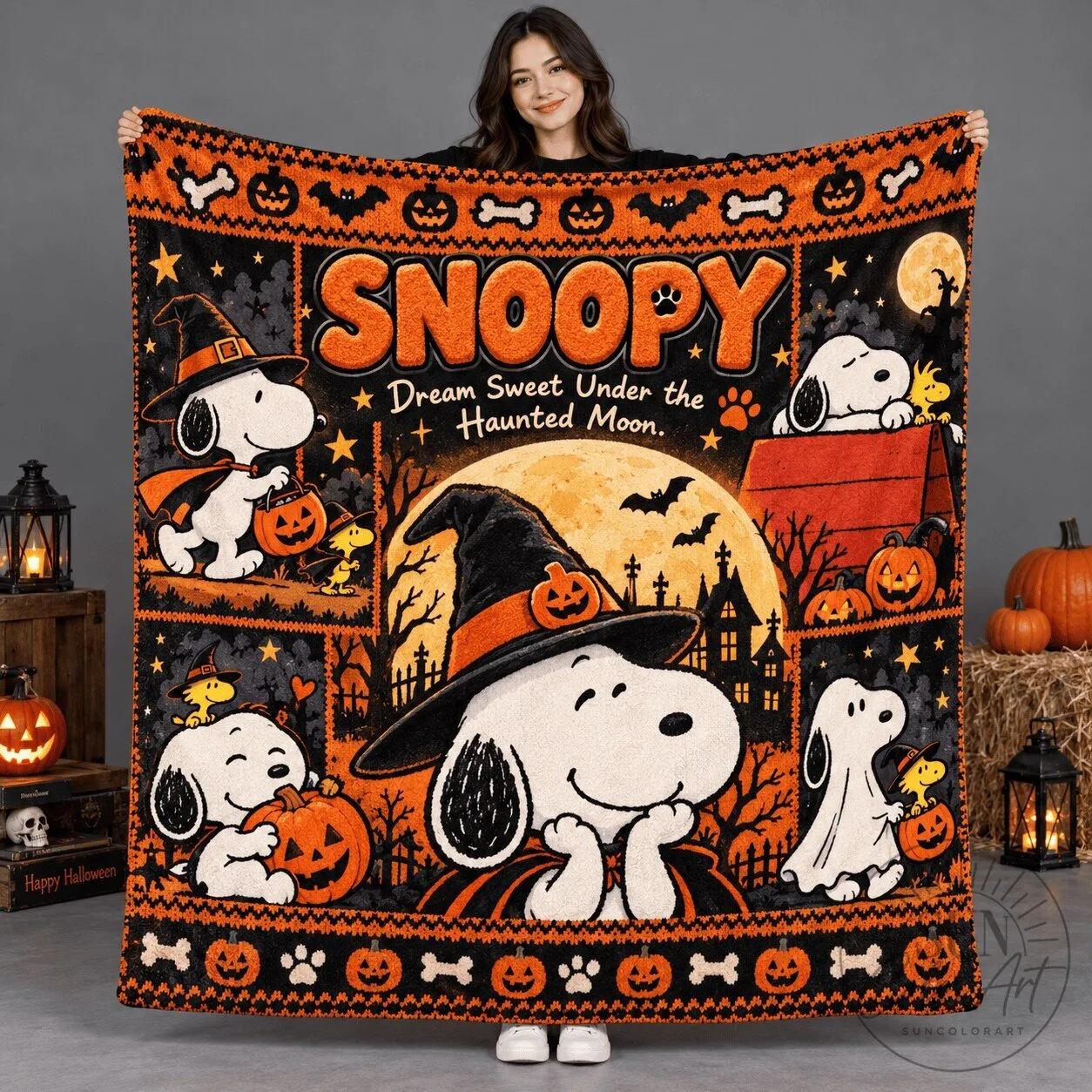 Snoopy Witch Hat And Orange Pumpkins Halloween Fleece Blanket