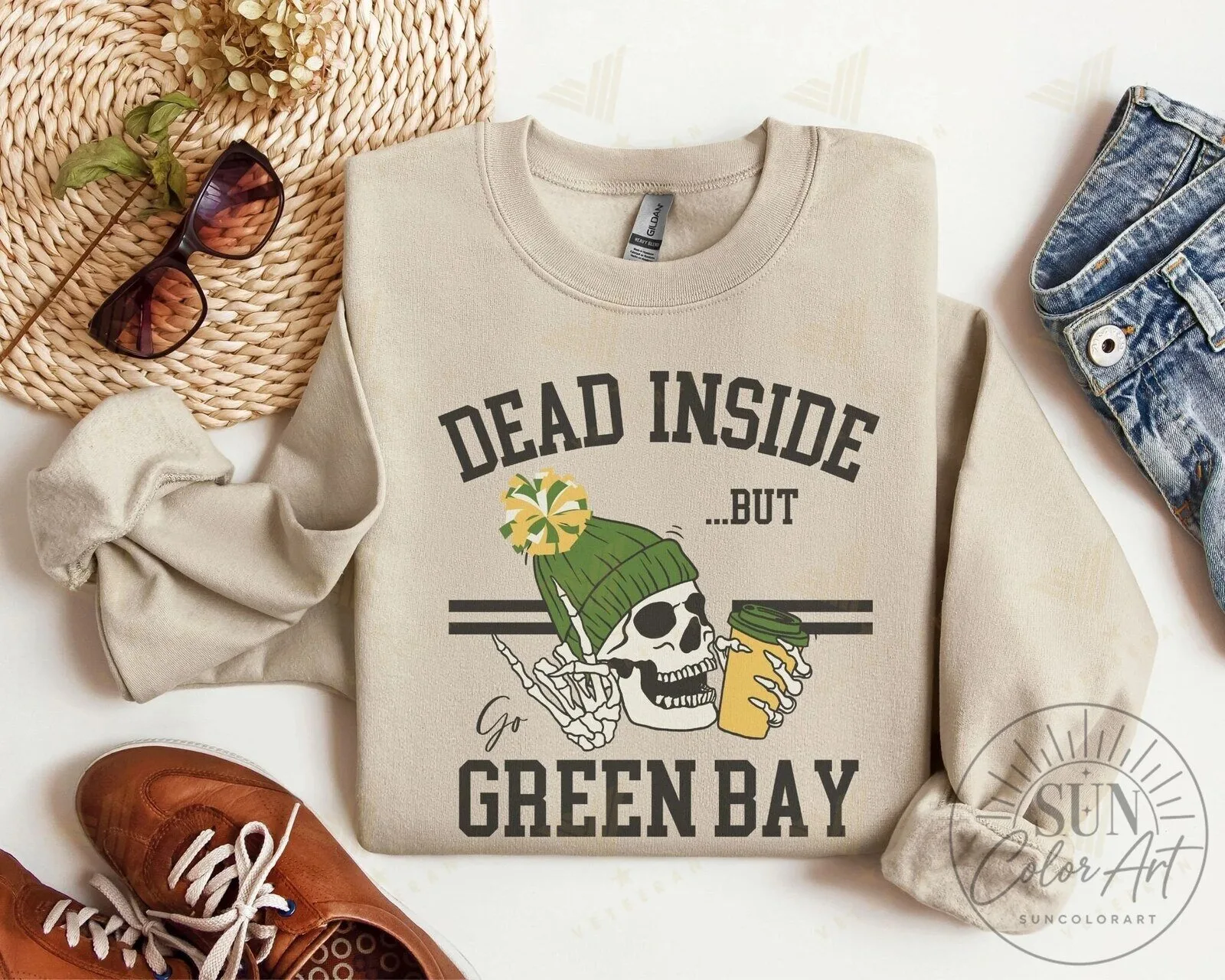 Green Bay Packers Game Day Apparel Dead Inside But Go Green Bay Skeleton Sweatshirt