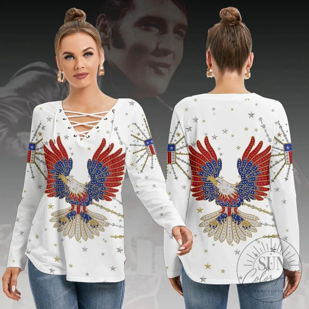 American Eagle Patriotic Stars and Stripes Lace-Up Long-Sleeve Shirt