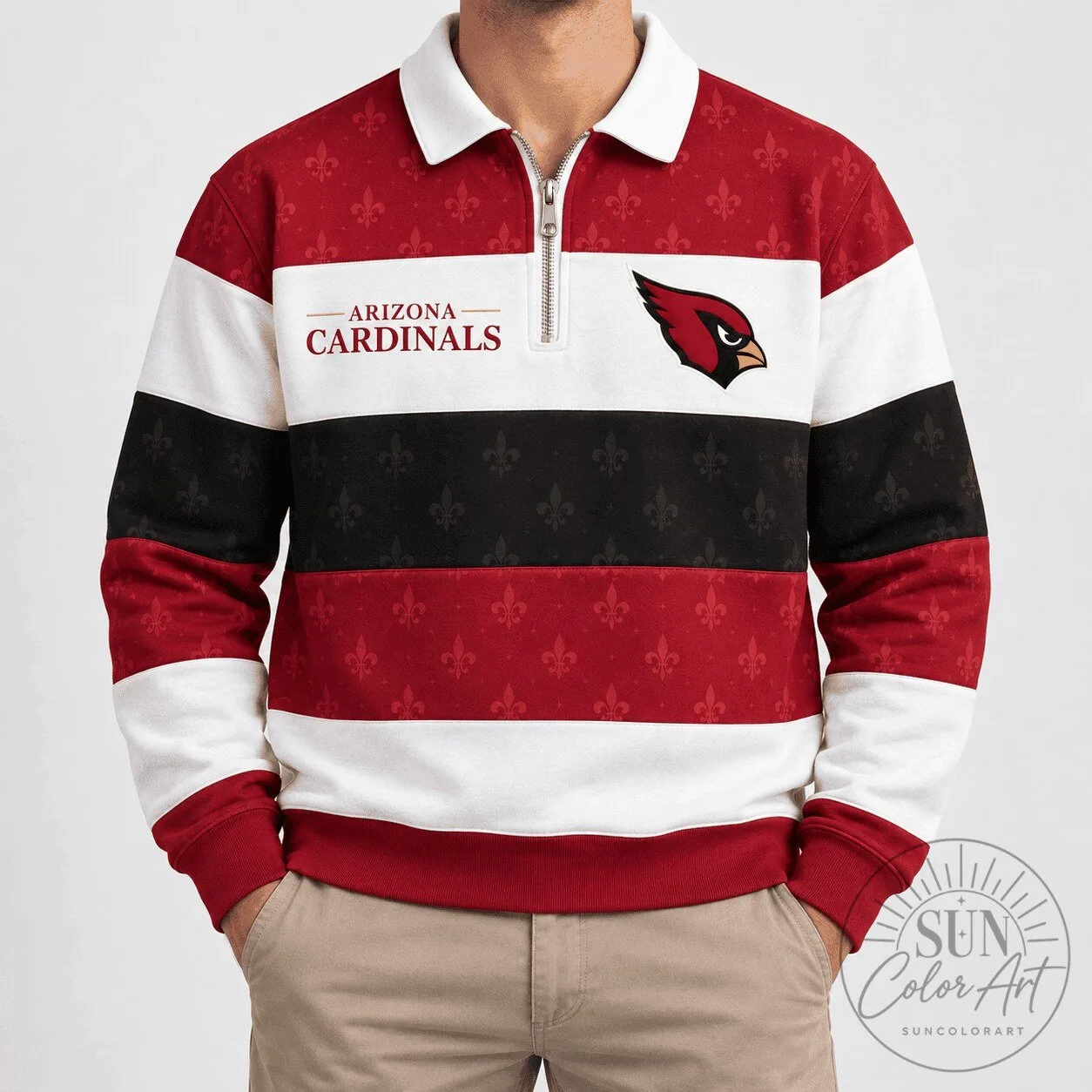 Arizona Cardinals Football Team Red and White Striped Quarter Zip Polo Shirt