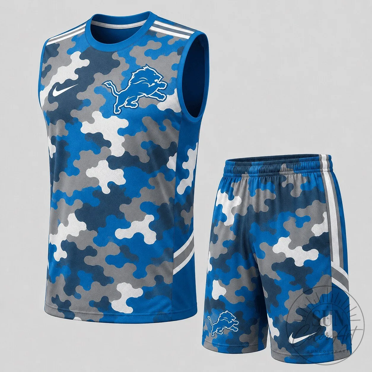 Detroit Lions Blue Camouflage Pattern Sleeveless Tank Top and Shorts Set