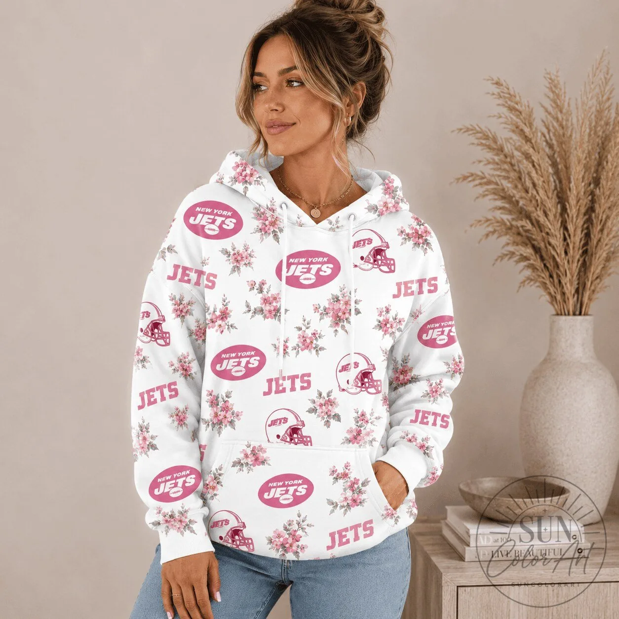 New York Jets Pink Floral Pattern NFL Team Logo Hoodie for Women