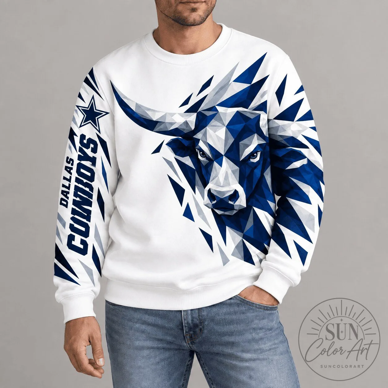 Dallas Cowboys Polygonal Mascot White Crewneck Sweatshirt
