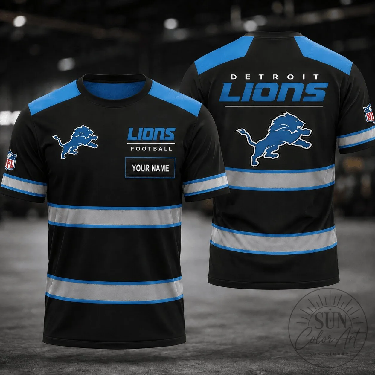 Detroit Lions Fan Personalized Football Team Black and Blue T-Shirt