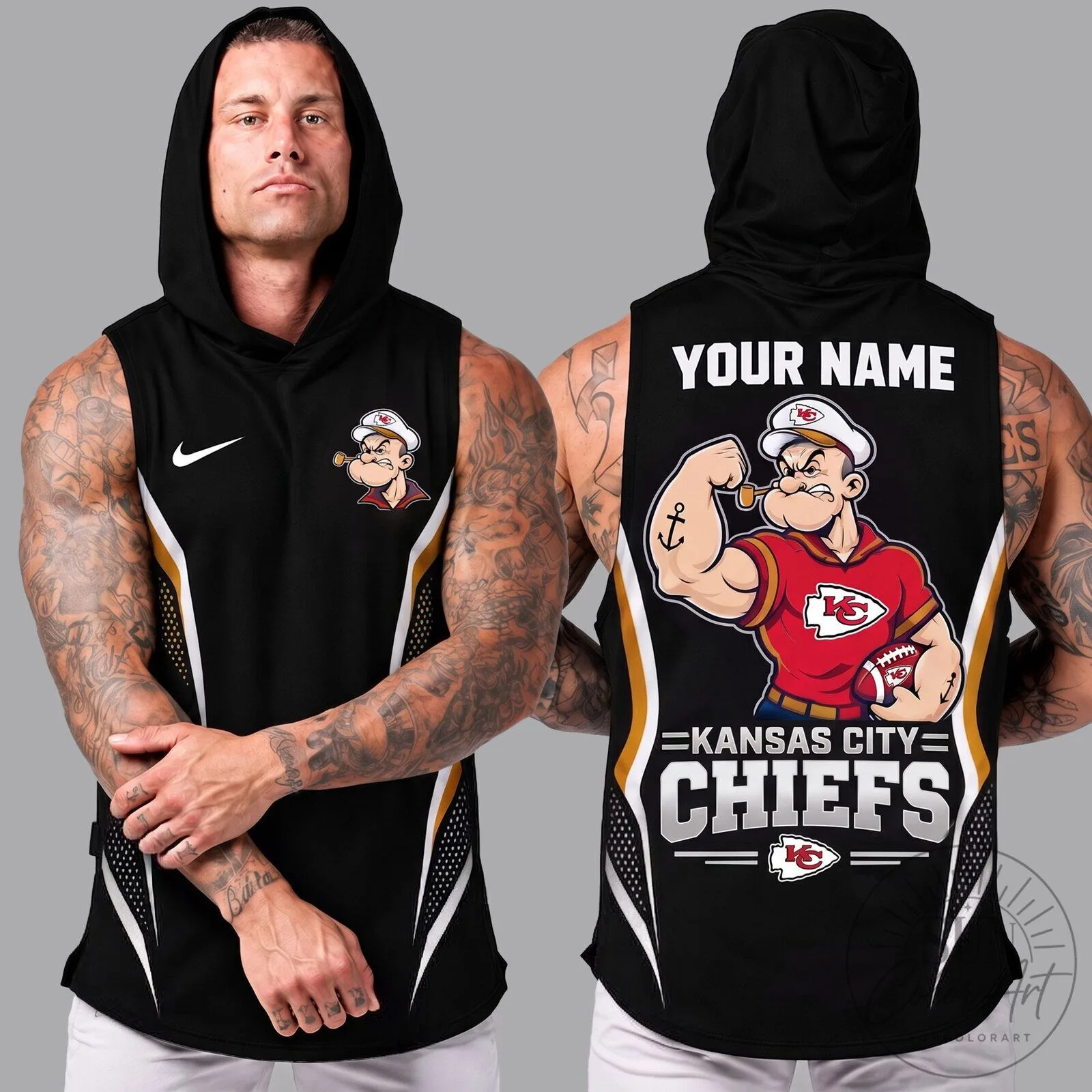 Kansas City Chiefs Popeye Muscle Man Sleeveless Hoodie 2 Kansas City Chiefs Popeye Muscle Man Sleeveless Hoodie