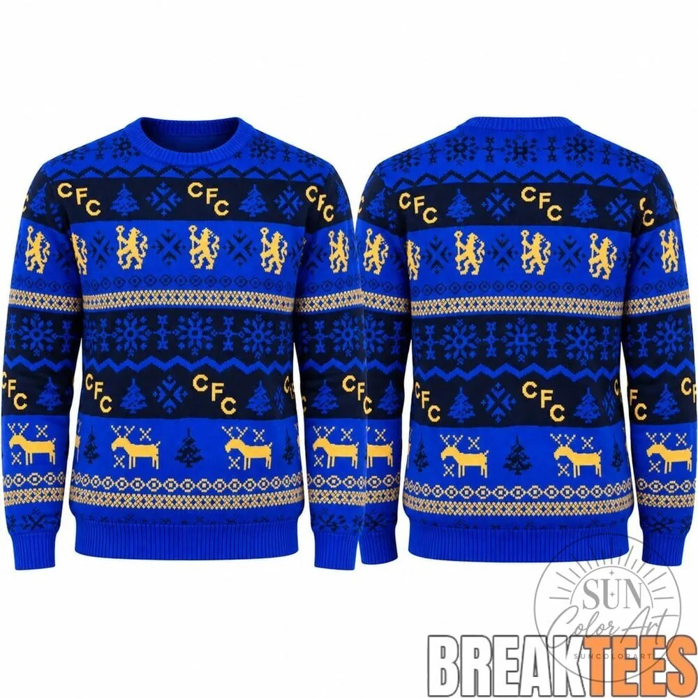 Chelsea Football Club Blue Reindeer Christmas Ugly Sweater