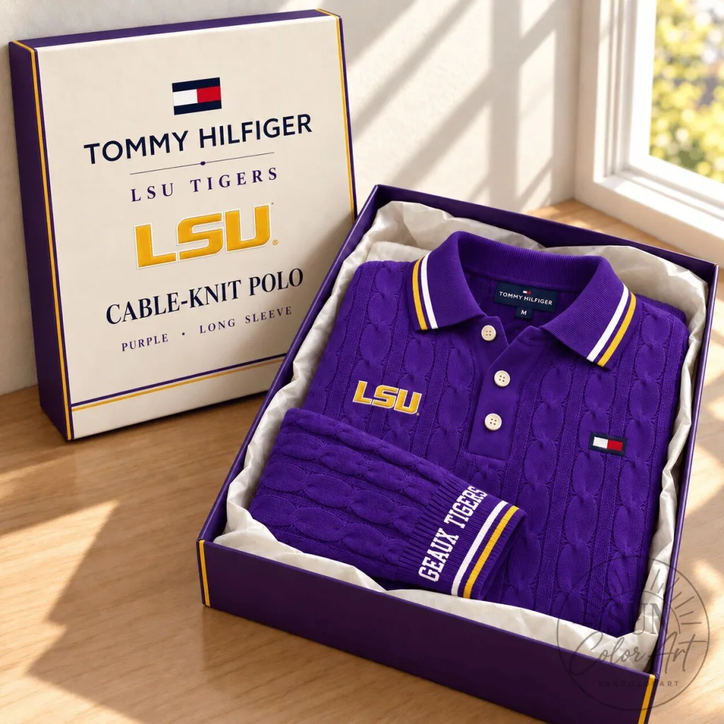 Louisiana State University Tigers Tommy Hilfiger Cable-Knit Long Sleeve Polo Shirt Louisiana State University Tigers Tommy Hilfiger Cable-Knit Long Sleeve Polo Shirt