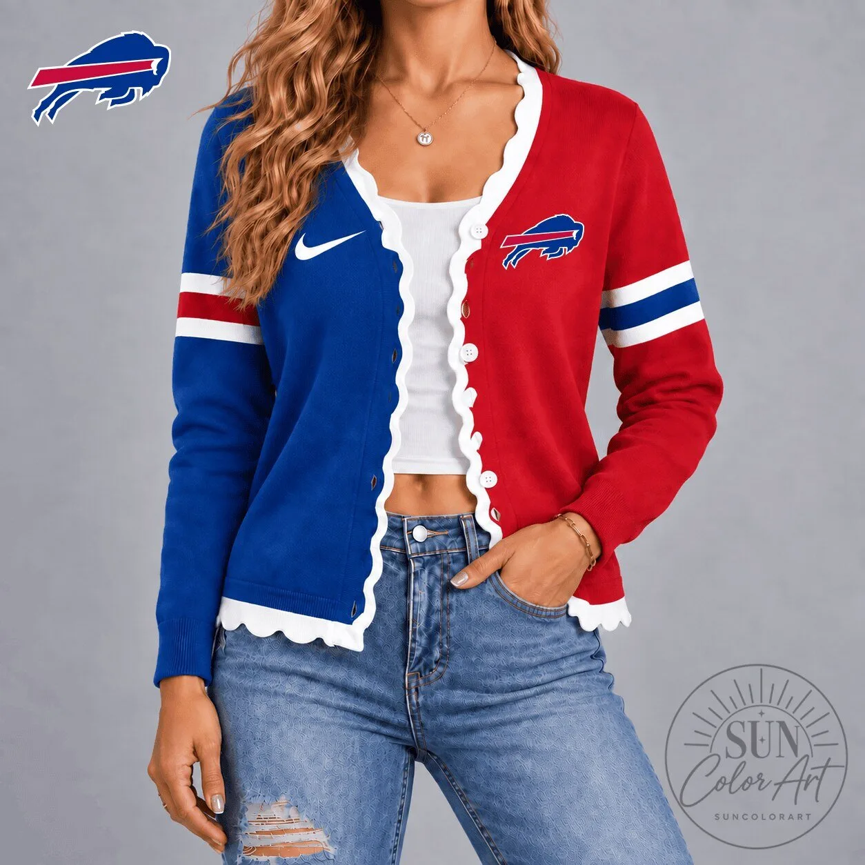 Buffalo Bills NFL Football Team Red Blue Scalloped Cardigan Sweater