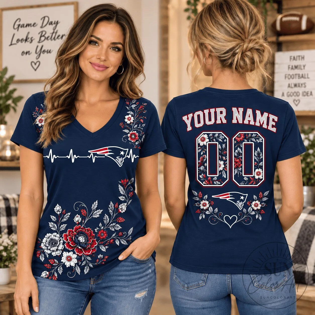 New England Patriots Personalized Floral V-Neck T-Shirt for Football Fans