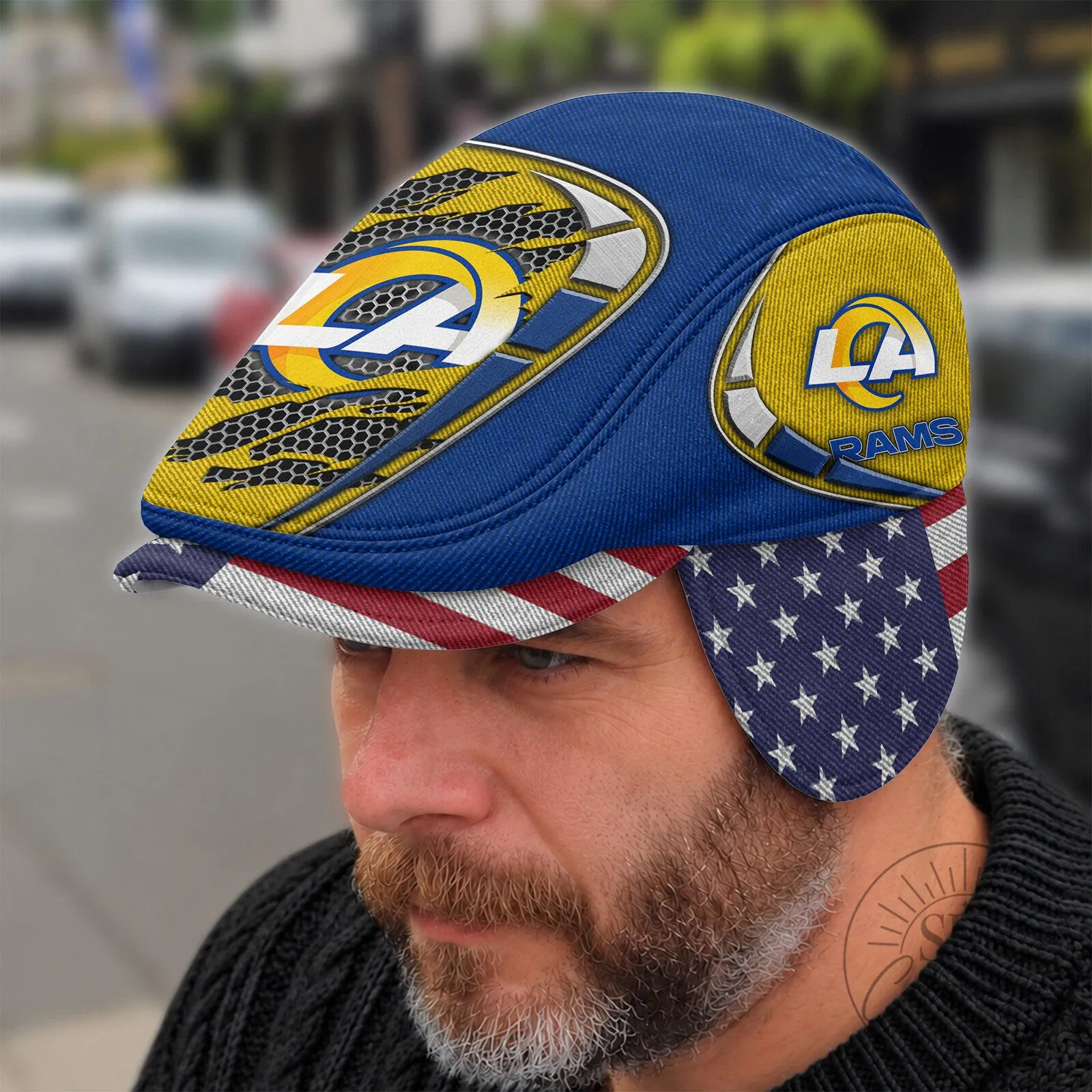 Los Angeles Rams Football Team American Flag Flat Cap Hat with Ear Flaps