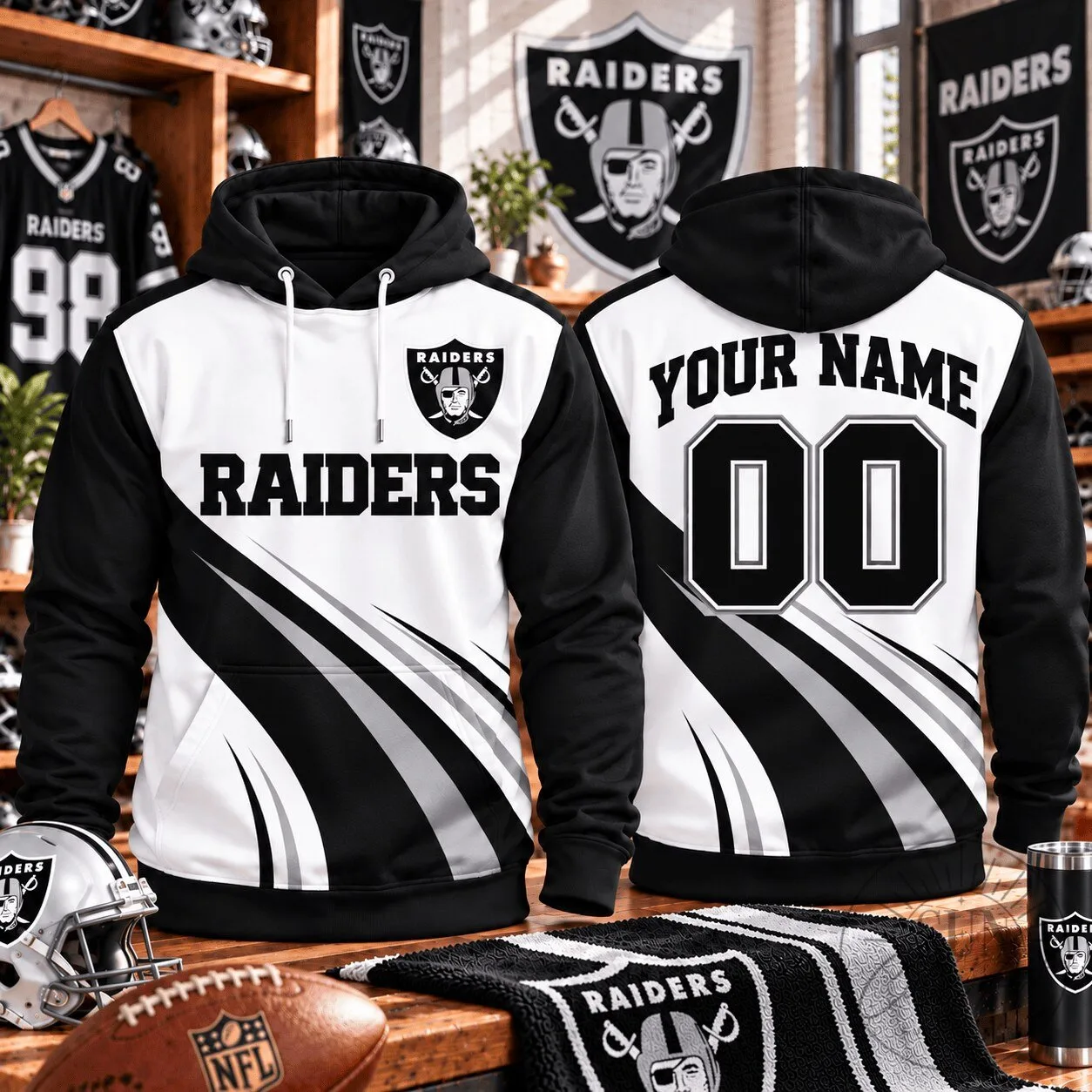 Las Vegas Raiders Football Team Custom Name Number Black White Hoodie