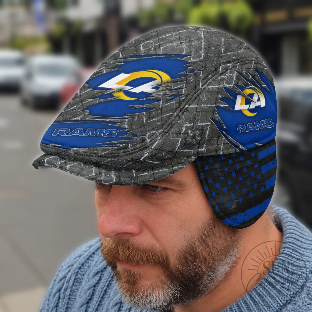 Flat Cap with Foldable Ear Flaps for Los Angeles Rams Football Team Flat Cap with Foldable Ear Flaps for Los Angeles Rams Football Team
