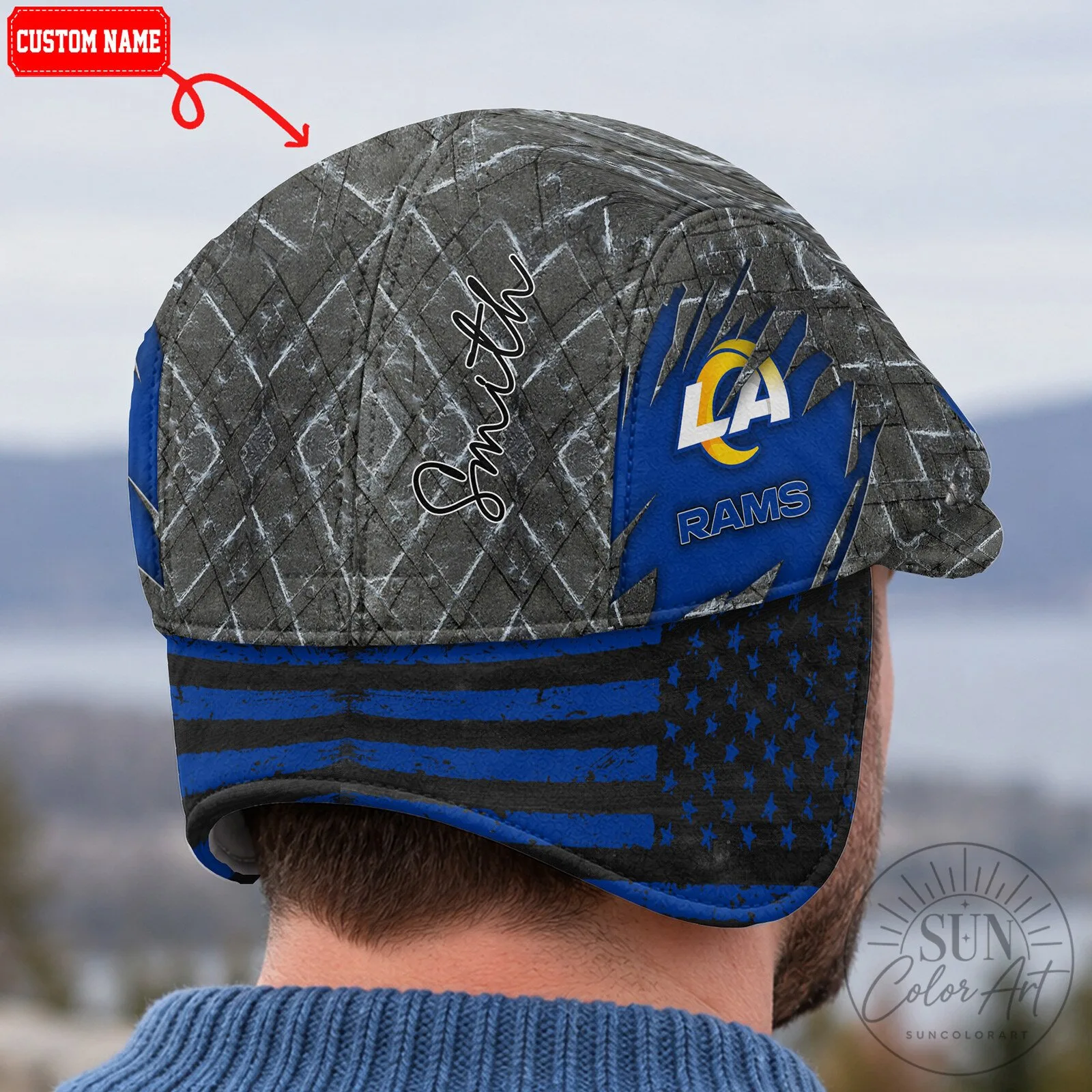 Flat Cap with Foldable Ear Flaps for Los Angeles Rams Football Team 12 Flat Cap with Foldable Ear Flaps for Los Angeles Rams Football Team